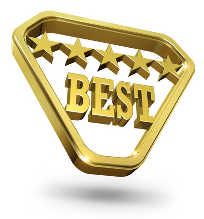 3D illustration of golden award with the best rating of Five Stars in the shiny golden triangle. Isolated on white background.の写真素材