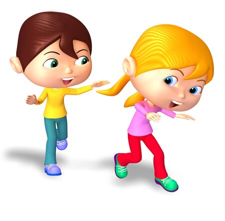 Children playing tag isolated on white background - 3D illustration.の写真素材