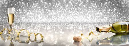 New year toast champagne banner, silver backgroundの写真素材