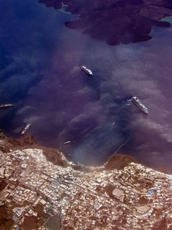 An aerial view of the town of fira in santorini Greeceの写真素材