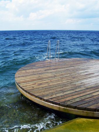 Wooden decking diving platform on the coast of Malmö in Swedenの写真素材