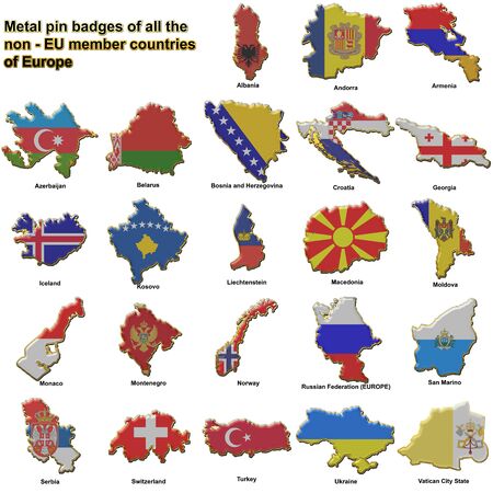 Metal pin badges in the shape of flag maps of all the non member countries of the european unionの写真素材