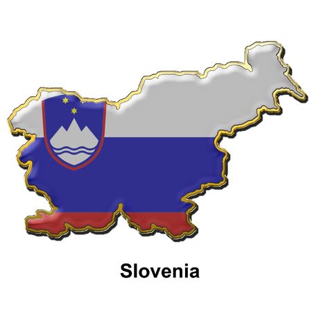 map shaped flag of Slovenia in the style of a metal pin badgeの写真素材