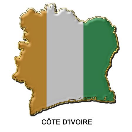 map shaped flag of Cote Divoire in the style of a metal pin badgeの写真素材