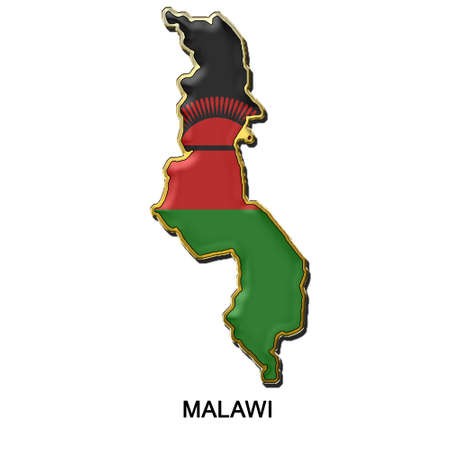map shaped flag of Malawi in the style of a metal pin badgeの写真素材