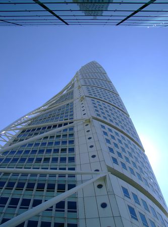 an upward view of the turning torso twisted tower block in malmoの写真素材