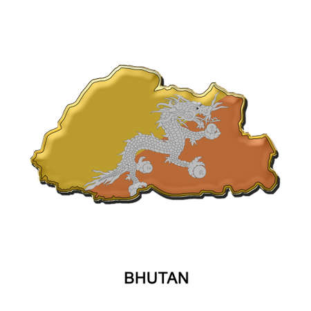 map shaped flag of Bhutan in the style of a metal pin badgeの写真素材