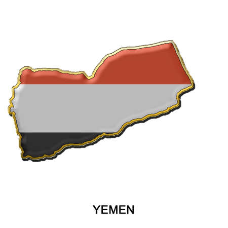 map shaped flag of Yemen in the style of a metal pin badgeの写真素材