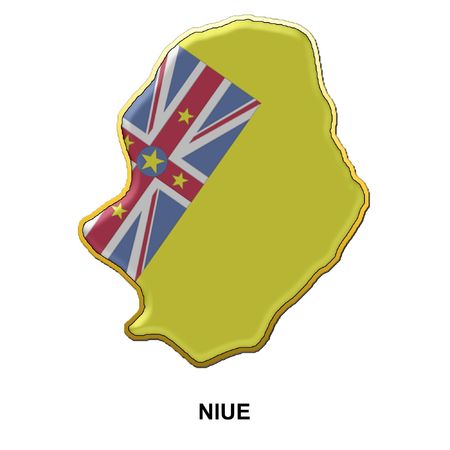 map shaped flag of Niue in the style of a metal pin badgeの写真素材