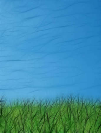 fractal background image of green grass and blue skyの写真素材