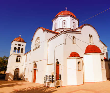 A panoramic view of a church in the town of Rethymnon on the greek island of Crete. This image has been created with the help of a bi-colour filter.の写真素材