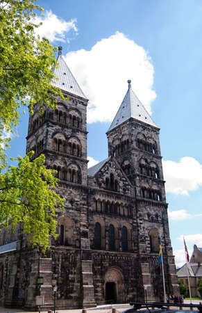 A view of the very impressive looking Lund cathedral in Sweden.の写真素材