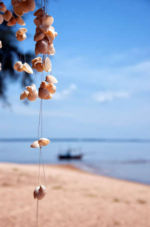 A selectively focused image of strings of seashells against a backdrop of a tropical beach.の写真素材