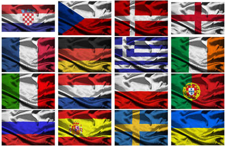 a selection of fabric flags of all the competing countries of the 2012 european championship football tournament.の写真素材