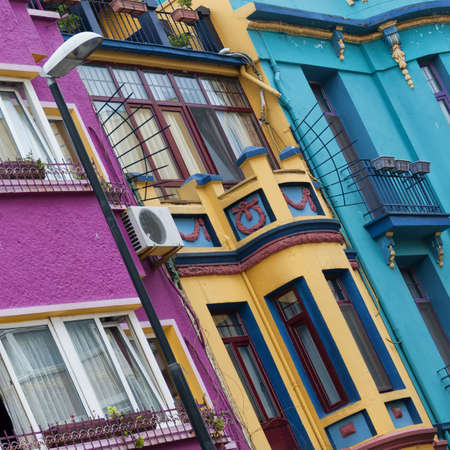 An abstract view of a multicolored apartment block facade in the turkish city of istanbul.の写真素材