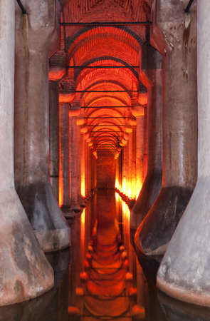 The dark, damp and gloomy basilica cistern situated under the turkish city of Istanbul.の写真素材
