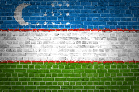 An image of the Uzbekistan flag painted on a brick wall in an urban locationの写真素材