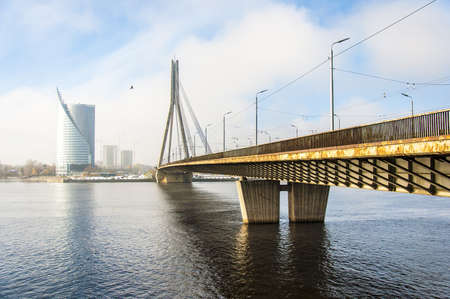 The Vansu bridge that spans the river Daugava in the Latvian capital of Riga のeditorial素材