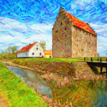 A digital painting of the medieval glimmingehus castle in the skane region of Sweden の写真素材