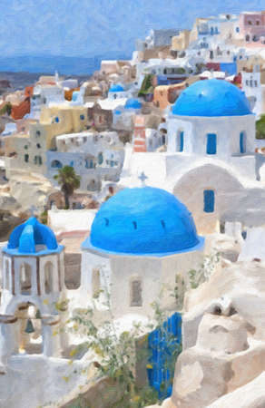 A digital oil painting of a few of the famous blue domed churches from Oia on the greek isle of Santorini の写真素材