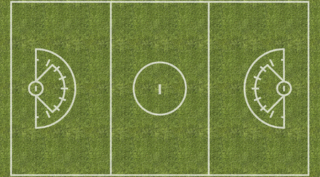 An overhead view of a womens lacrosse playing field with white markings painted on grass.