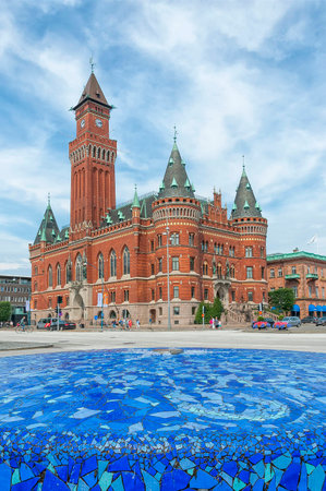 HELSINGBORG, SWEDEN - JULY 08: View of the Fountain and town hall in Helsingborg on July 08, 2014. A city in south western Sweden, Helsingborg is located opposite Denmark's port town of Helsingor.のeditorial素材