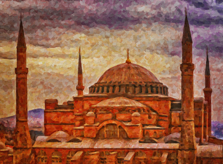 A digital painting of the impressive hagia sophia mosque situated in the turkish city of istanbul.の写真素材