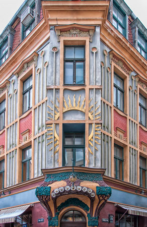 One of the old style facades in the old town region of Riga.のeditorial素材