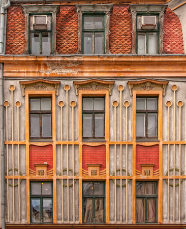 One of the old style facades in the old town region of Riga.のeditorial素材