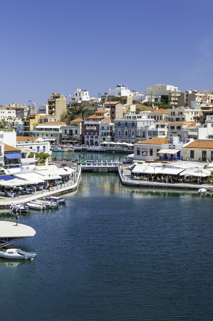 AGIOS NIKOLAOS, CRETE, GREECE - MAY 6, 2015: Seaside resort town of Agios Nikolaos located on the north-east side of Crete, Greece.のeditorial素材
