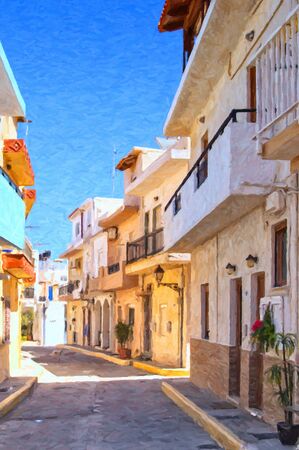 A digital painting of a street scene from the Greek town of Lerapetra on the island of Crete.の写真素材