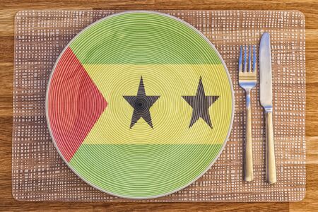 Dinner plate with the flag of Sao Tome and Principe on it for your international food and drink concepts.の写真素材