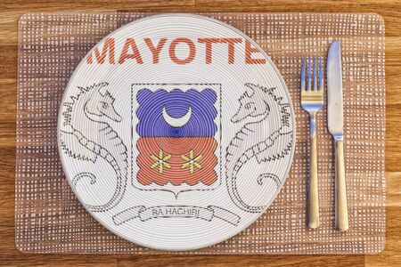 Dinner plate with the flag of Mayotte on it for your international food and drink concepts.の写真素材