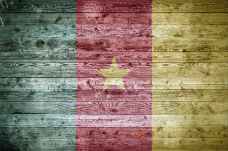 A vignetted background image of the flag of Cameroon painted onto wooden boards of a wall or floor.の写真素材