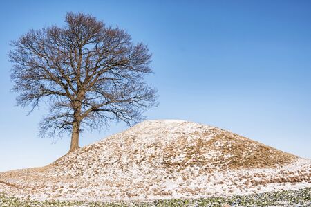 The burial ground is perched on a hill with sweeping views, 100 meters above sea level. On both sides of the road and around Ronne Bergagården is a graveyard with twelve visible burial mounds.の写真素材