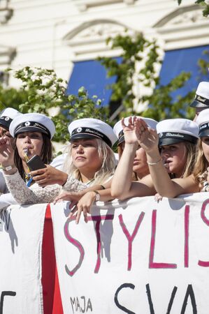 HELSINGBORG, SWEDEN - JUN 05: Graduates from different schools take part in a celebration parade throught the town centre on June 05, 2015 in Helsingborg, Sweden.のeditorial素材