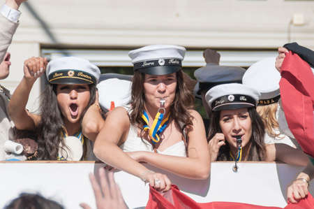 HELSINGBORG, SWEDEN - JUN 05: Graduates from different schools take part in a celebration parade throught the town centre on June 05, 2015 in Helsingborg, Sweden.のeditorial素材