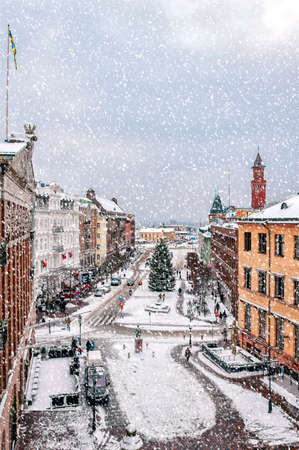 HELSINGBORG, SWEDEN - JANUARY 14, 2016: An elevated view of the swedish city of Helsingborg during some wintry weather conditions.の写真素材