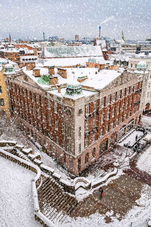 An elevated view of the swedish city of Helsingborg during some wintry weather conditions.の写真素材