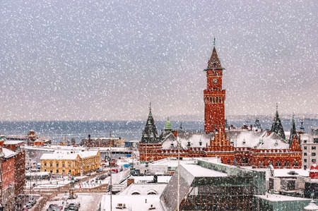 An elevated view of the swedish city of Helsingborg during some wintry weather conditions.の写真素材