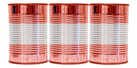 Three tin cans with the flag of Austria on them isolated on a white background.の写真素材