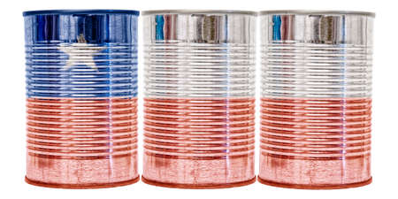 Three tin cans with the flag of Chile on them isolated on a white background.の写真素材