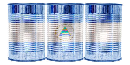 Three tin cans with the flag of Nicaragua on them isolated on a white background.の写真素材