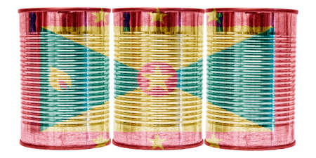Three tin cans with the flag of Grenada on them isolated on a white background.の写真素材