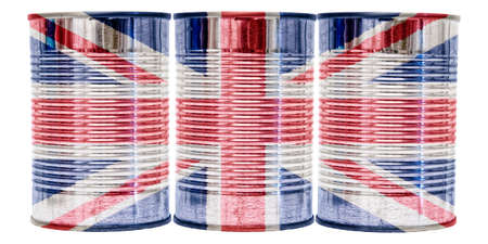 Three tin cans with the flag of United Kingdom on them isolated on a white background.の写真素材