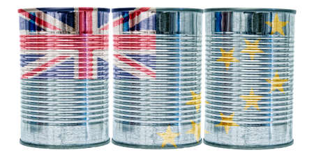 Three tin cans with the flag of Tuvalu on them isolated on a white background.の写真素材