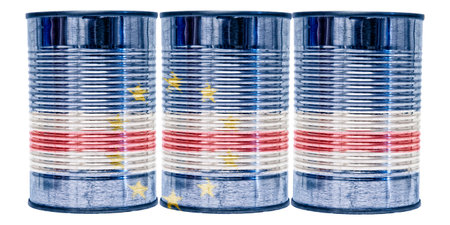 Three tin cans with the flag of Cabo Verde on them isolated on a white background.の写真素材