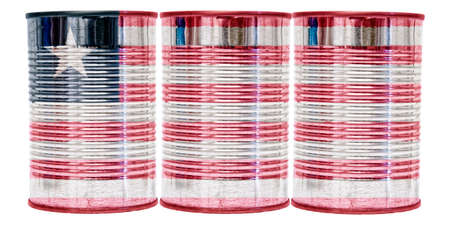 Three tin cans with the flag of Liberia on them isolated on a white background.の写真素材