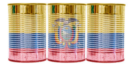 Three tin cans with the flag of Ecuador on them isolated on a white background.の写真素材