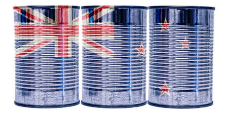 Three tin cans with the flag of New Zealand on them isolated on a white background.の写真素材